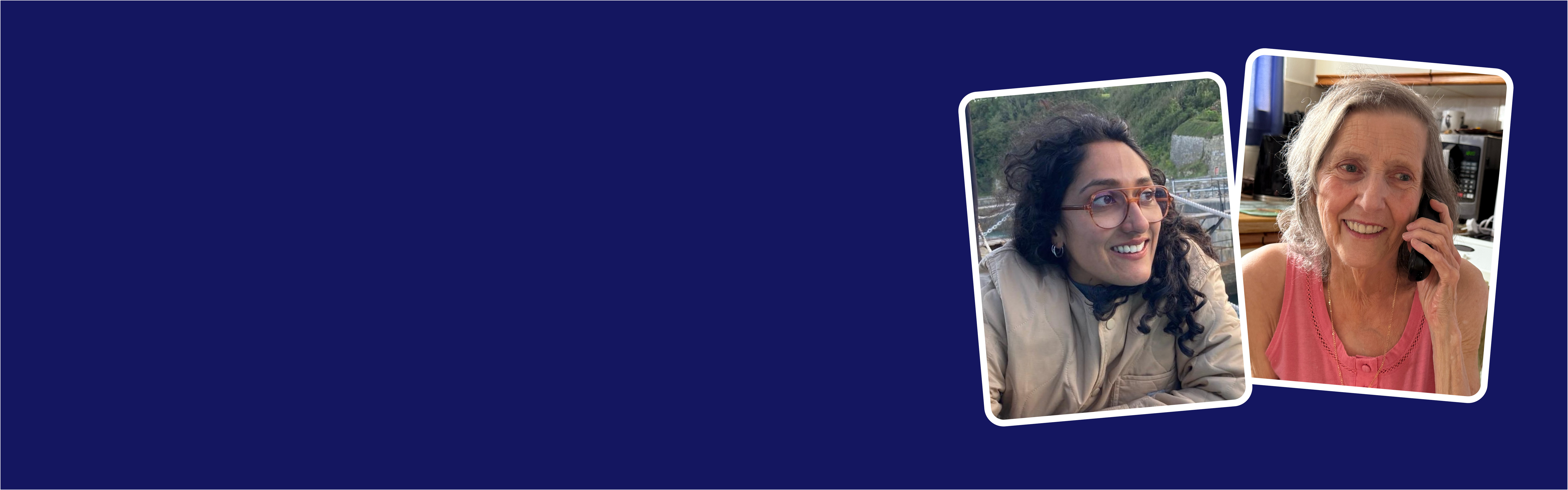 A two-picture collage of a younger woman with dark hair and glasses and an older woman speaking on the phone